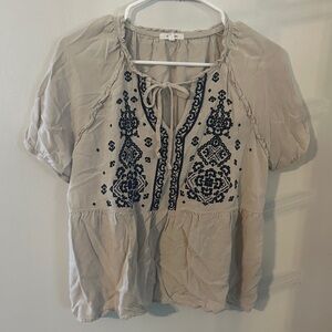 Maurices Beige Peasant Top with Navy Embroidery